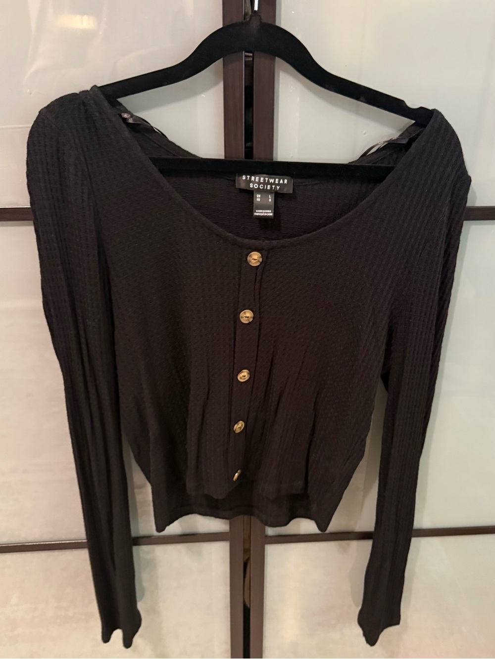 Streetwear Society Black Ribbed Long-Sleeve Button Crop Top